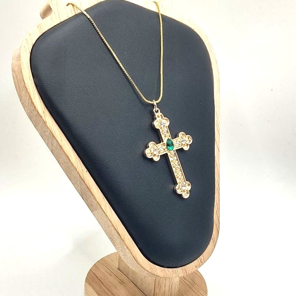 18k Gold Plated Necklace W/ Cross Green Gemstones Christian Birthday Gift NEW